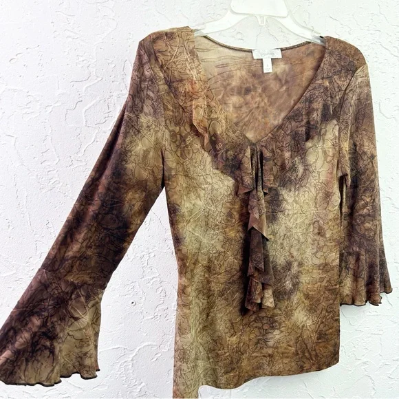Vintage y2k Brown Tan Floral Ruffle V-neck Boho Fairy Whimsy Goth Blouse Small - Picture 4 of 8